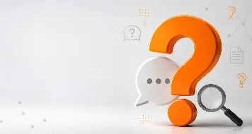 Grafika z pomarańczowym znakiem zapytania i dymkiem czatu, symbolizująca sekcję pomocy lub najczęściej zadawane pytania.