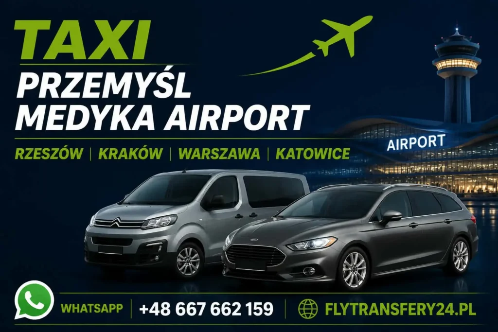TAXI Przemyśl Medyka transfery lotniskowe z widoczną flotą busów pasażerskich.