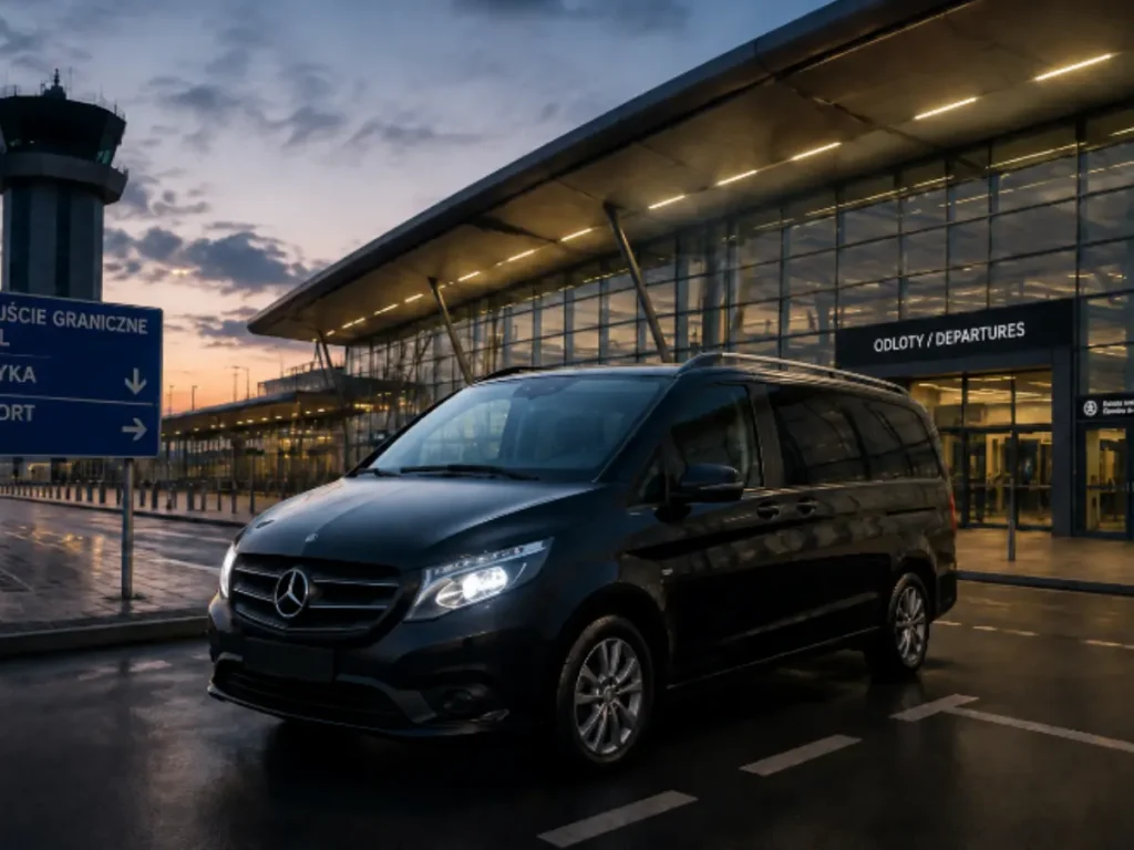 Czarny bus pasażerski (Mercedes) zaparkowany pod wiatą przed wejściem na lotnisko.